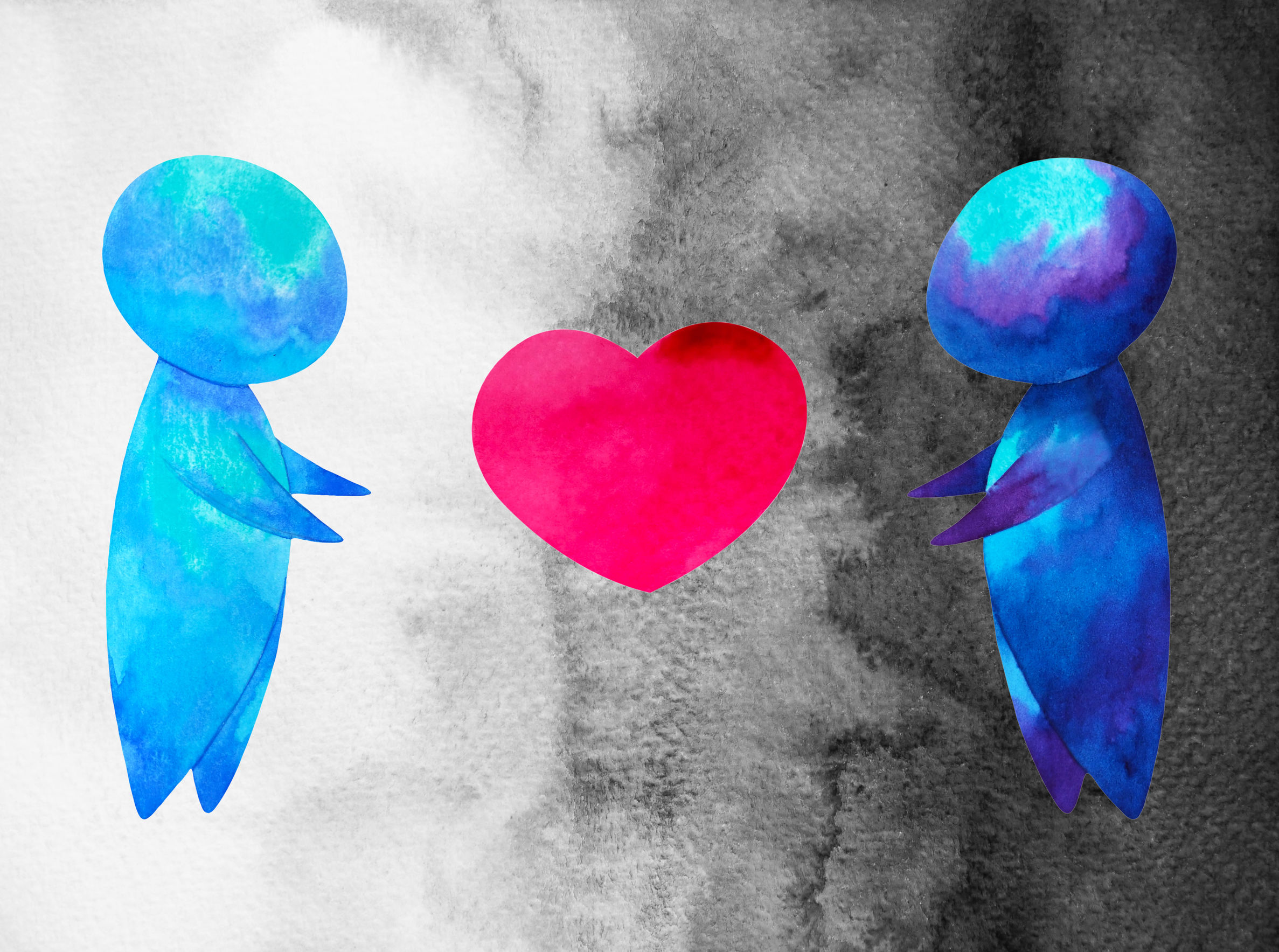 Watercolour illustration of two people (in blue) separated from each other, with a red heart between them. Watercolour illustration of two people (in blue) separated from each other, with a red heart between them.